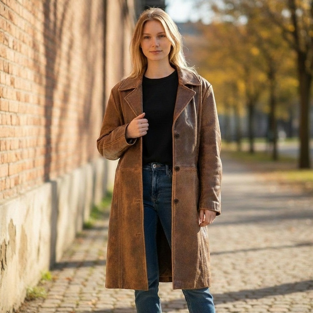 R&D Brand Vintage Distressed Leather Trench Coat Brown Western Boho Large